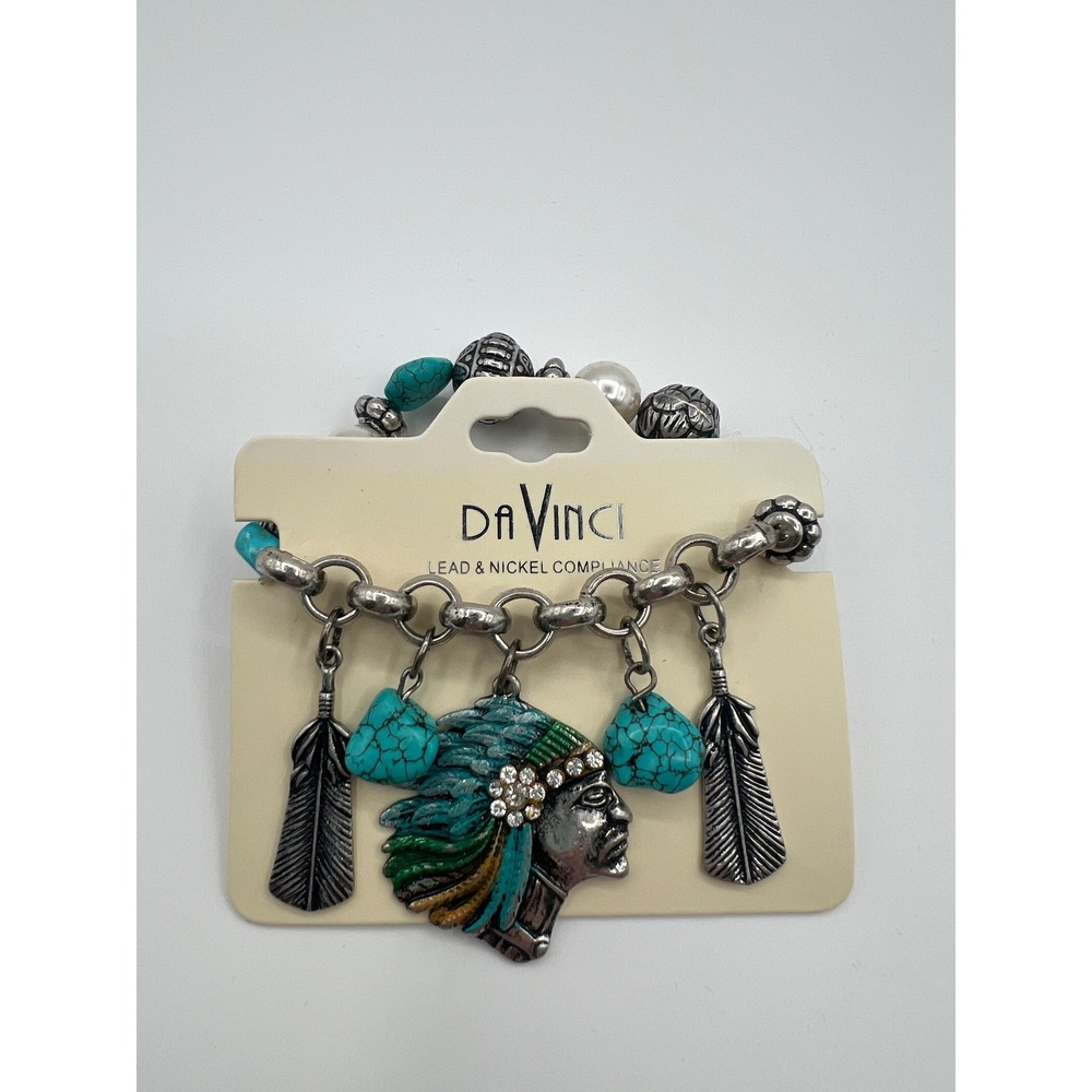 DaVinci Western Charm Bracelet Turquoise Silver Chief Head Feather Rodeo Boho